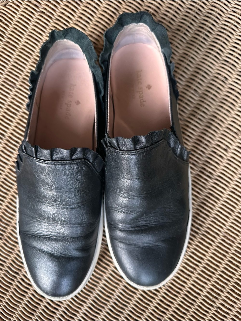 kate spade Black Leather Ruffle-Trim Slip-On Sneakers with Pink Insoles